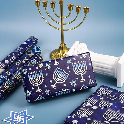 WRAPAHOLIC Hanukkah Wrapping Paper - 3 Rolls, 17 Inch x 120 Inch Each - Blue Menorah and Star of David Design with Metallic Foil Shine