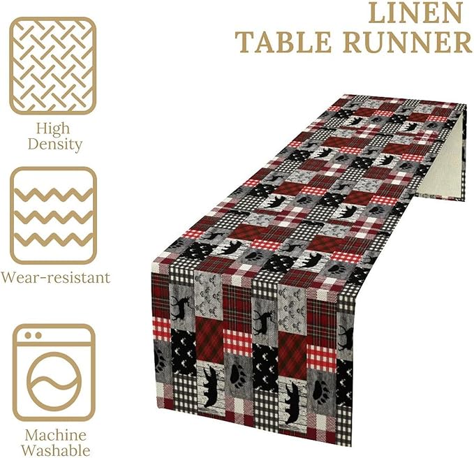 Rustic Farm Table Runner,Vintage Woodland Deer Bear Animal Buffalo Plaid Print Tablecloth Burlap for Hotel Indoors Outdoor Dining Room Kitchen Home Decor,W13X L90 in