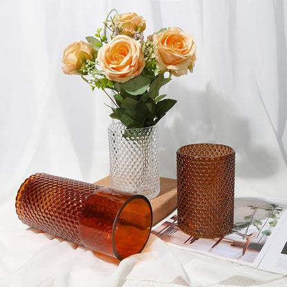 Amber Glass Cylinder Vase for Flowers, 8.7" x 4" Thickened Votive Candle Holder Modern Hydroponic Ornament for Home Living Room Wedding Centerpieces Office Table Decor