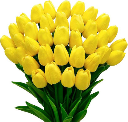 36 PCS Yellow Tulips Artificial Flowers 13" PU Fake Flowers for Wedding Home Decor (Yellow)