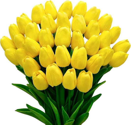 36 PCS Yellow Tulips Artificial Flowers 13" PU Fake Flowers for Wedding Home Decor (Yellow)
