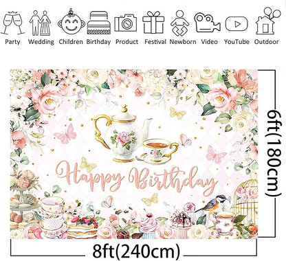 Mocsicka Tea Party Happy Birthday Backdrop Floral Princess Tea Birthday Party Decorations Kids Wonderland Let's Partea Dessert Caketable Banner Photo Booth (8x6ft)