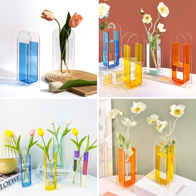Acrylic Vase for Home Decor, Semi-Transparent Youth Blue Arch Shape Centerpiece Vase, Modern Acrylic Flower Vase for Table or Office Decoration, Minimalist Home Display (Blue)