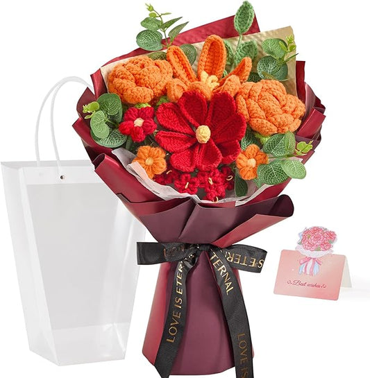Alecono Crochet Flower Bouquet, Orange and Burgundy Knitted Flowers, Red Crochet Tulip Galsang Flower for Lover Anniversary Birthday Party Mother's Day Graduation Gifts (Include Card)