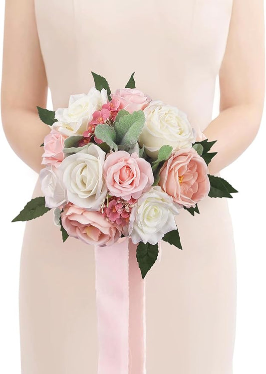 Rinlong Pink White Bridesmaids Bouquet Artificial Wedding Bouquets for Bridesmaid Silk Bouquet for Wedding Prom Homecoming