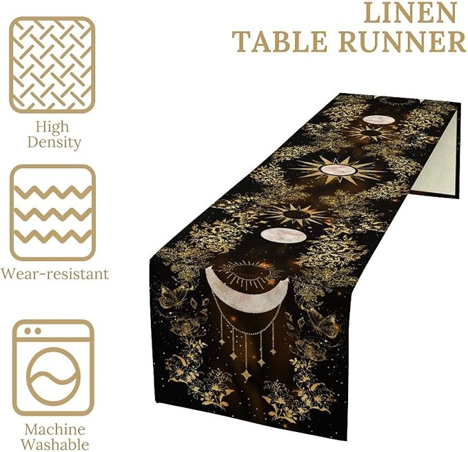 Boho Floral Table Runner, Spring Gothic Moon Phase Wildflower Mystical Witchy Farmhouse Coffee Table Center Decor for Home Kitchen Dining Patio Holiday Party Table Decorations 13x90 inches
