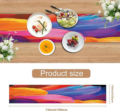 Vibrant Abstract Art Table Runner – 13x72 Inch Colorful Brushstroke Design on Linen-Look Fabric, Modern Artistic Dining Table Decor for Home, Parties & Creative Spaces