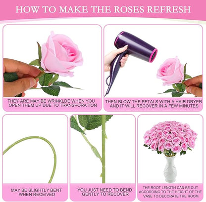 Hananona 50 Artificial Roses in Bulk, Fake Silk Pink Roses Realistic Roses for Wedding Centerpieces Flower Arrangement Home Decor (50, Pink)