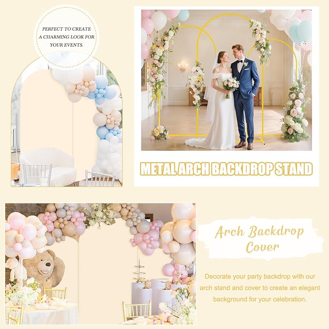 Wedding Arch Backdrop Stand and Beige Arch Cover Set of 3 (7.2FT, 6.6FT, 6FT) Metal Arch Stand Balloon Arched Frame Backdrop with Spandex Arch Stand Cover for Birthday Party Baby Shower Graduation