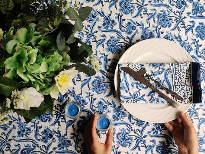 ATOSII Midnight Bloom 100% Cotton Spring Summer Tablecloth, Hand Block Print Rectangle Table Cover for Kitchen Dining Linen I Parties, Outdoors, Wedding, Easter I 72 X 120 Inches I 10 Seater