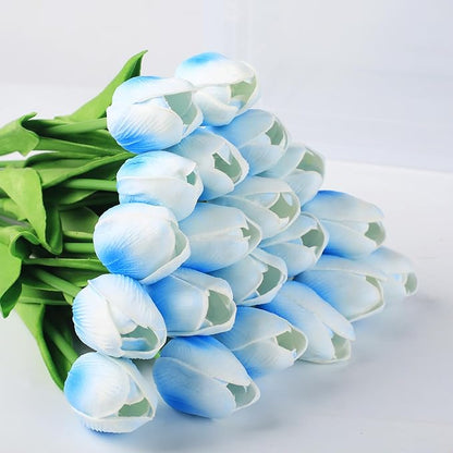 20 Pcs 13” Real Touch Light-Blue Tulips Artificial Flowers, Latex PU Fake Faux Flowers, for Wedding Bouquet Home Decor
