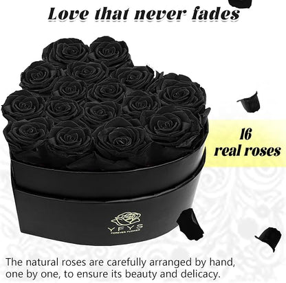 16-Piece Forever Flowers Heart-Shaped Box – Real Immortal Preserved Roses Lasting a Year, Perfect for Birthday, Girlfriend, Mother, or Wife, Valentine Day Gift for Her - Black