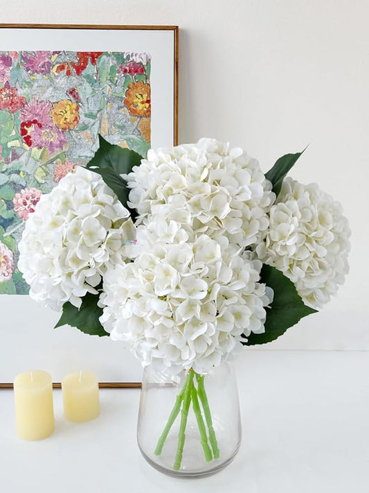 YalzoneMet 4Pcs White Silk Hydrangeas Artificial Flower Natural Lifelike Big Blooms 20'' Long Stem Faux Hydrangea Flower Bouquets for Home Party Indoor Outdoor Wedding Table Centerpiece Decor