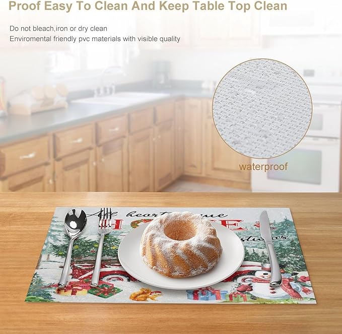 Merry Christmas Placemats Buffalo Plaid Red Truck with Christmas Tree, Winter Snowy Snowflake Snowman Placemats Table Kitchen Dining Party 12x18 Inch Set of 4