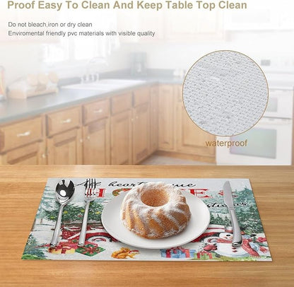 Merry Christmas Placemats Buffalo Plaid Red Truck with Christmas Tree, Winter Snowy Snowflake Snowman Placemats Table Kitchen Dining Party 12x18 Inch Set of 4