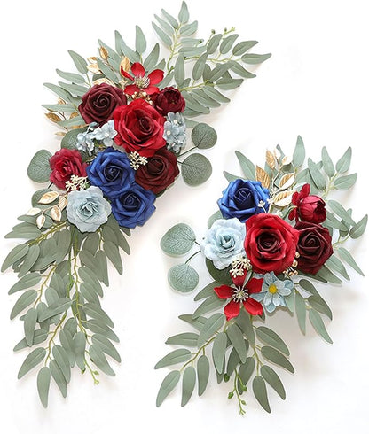 Burgundy Blue Wedding Arch Flowers, Faux Flower Swag Set of 2, Burgundy Floral Swag for Wedding Arch Welcome Signs, Reception Ceremony Signs Decor