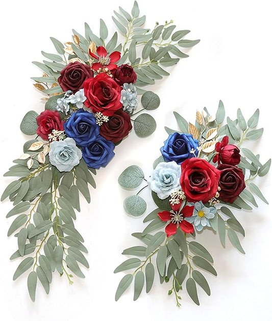 Burgundy Blue Wedding Arch Flowers, Faux Flower Swag Set of 2, Burgundy Floral Swag for Wedding Arch Welcome Signs, Reception Ceremony Signs Decor