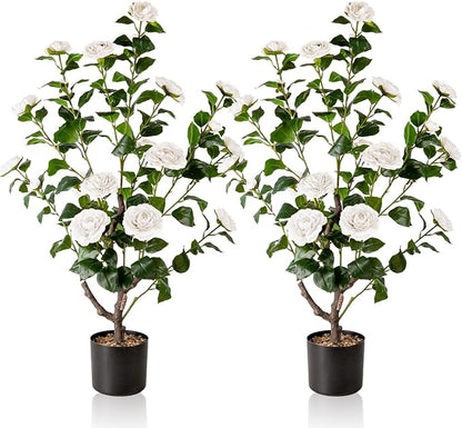 Artificial Camellia Tree,2Pack 3.2FT Faux White Camellia Plants in Pots,Lifelike Artificial Flower Trees for Indoor Outdoor Home Decor,Realistic Blooming Faux Plants for Living Room Porch Patio Office