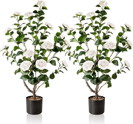 Artificial Camellia Tree,2Pack 3.2FT Faux White Camellia Plants in Pots,Lifelike Artificial Flower Trees for Indoor Outdoor Home Decor,Realistic Blooming Faux Plants for Living Room Porch Patio Office