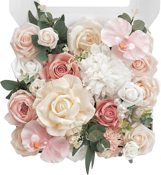 TINGE TIME Artificial Flowers Combo Mix Silk Flowers Pink Roses w/stem for DIY Wedding Bridal Bouquets Baby Shower Floral Arrangement Table Centerpieces Home Decorations (Dusty Rose & Champange)