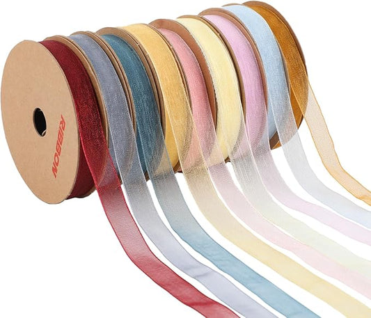 3/8" x 90 Yards Organza Ribbon Set 9 Rolls x 10 Yards Sheer Ribbon for Gift Wrapping Crafts Christmas Decorating, Embroidery, Crafting, Sewing,Wedding, Birthday Party, Holiday. (Mixed Color-1)