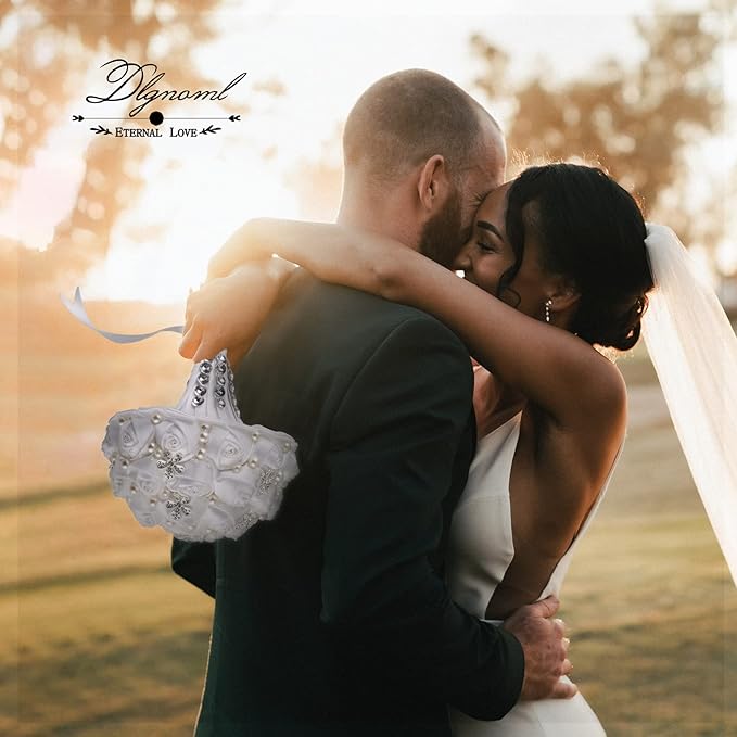 Handmade Wedding Flowers Bridal Bouquets Crystal Bride Holding Bouquet White Ivory Satin Roses with Diamond Pearl Ribbon.(allwhite)
