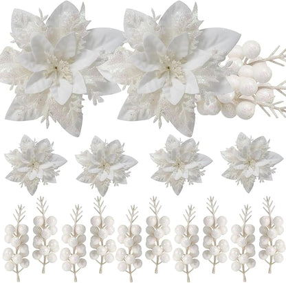 50pcs Glitter Poinsettia Christmas Ornaments, Artificial Flowers with Clips Stems for DIY Wreath Making, Holiday Home Party Decorations, Indoor Use (White)