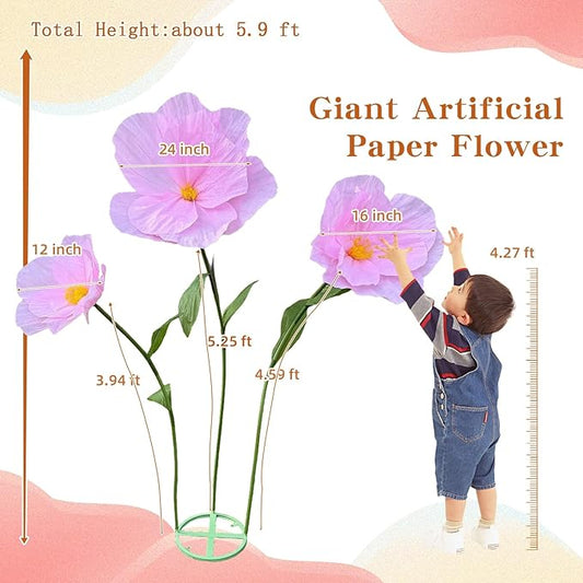 5.9 Ft Large Paper Artificial Flowers,Giant Flowers for Decoration,Standing Huge Handcrafted Poppy Flowers for Garden,Hotel,Office,Photography Props,Wedding,Art Gallery,Shop Window Display(Pink)