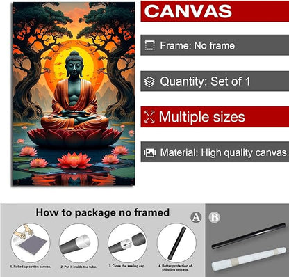 Canvas wall art Golden Buddha on lotus at sunset Ancient trees with reflections on water Serene meditation scene Uplifting wall art for mindfulness and tranquil home decor 12x18in Frameless