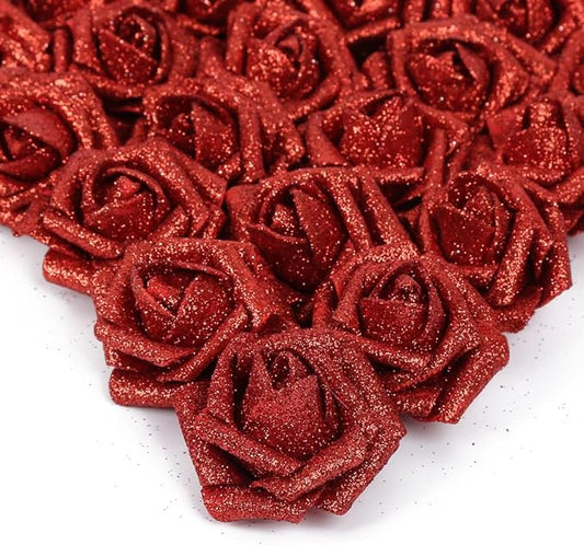 IPOPU Red Roses Artificial Flowers, 25pcs Foam Glitter Roses Fake Roses with Stem for DIY Wedding Bridal Bouquet Home Party Decoration(Red)