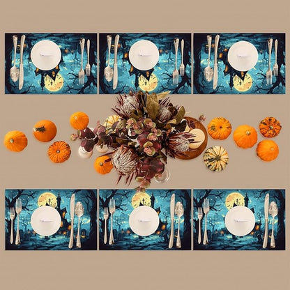 Halloween Castle Moon Scary Placemats Set of 4 PVC Vinyl Non Slip Table Mats Heat Resistant Place Mats Washable Wipeable Dining Table Mat for Kitchen Decor Party Indoor Outdoor Decorative Gift