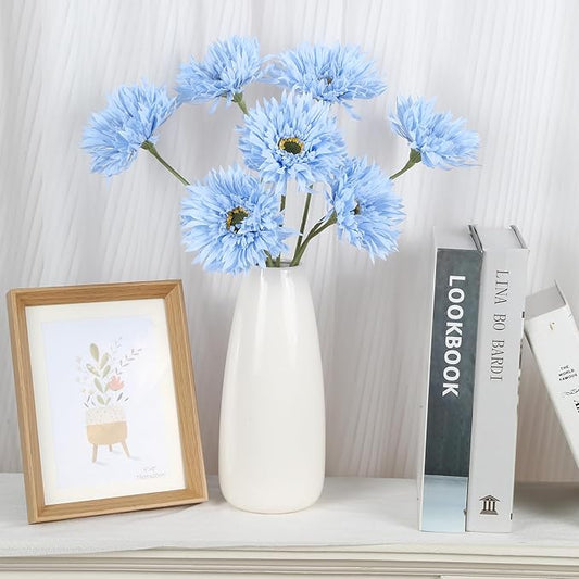 Gerbera Daisy Artificial Flowers 12pcs Faux Daisies Blue Silk Flowers with Stems for Vase Table Centerpiece Home Wedding Party Garden Decoration(Blue)