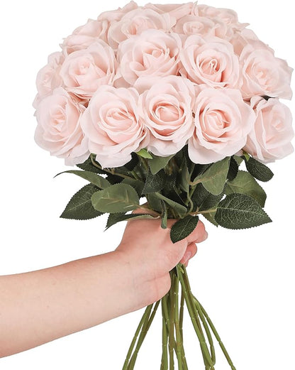 DuHouse 10pcs Fake Roses Artificial Silk Flowers Long Stems Bouquet for Arrangement Wedding Centerpiece Party Home Kitchen Decor(Blush)