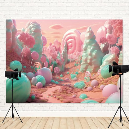 7x5ft Candyland Backdrop Pink and Teal Lollipop Photography Background Fairytale Kingdom Candy Sweet Girl Princess Birthday Banner Decorations Newborn Baby Shower Portrait Photo Booth Prop