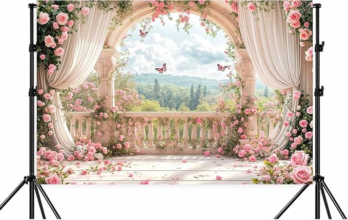 6X4ft Pink Floral Photography Backdrop, Retro Flowers Photography Backdrop Dreamlike Wedding Portrait Photo Background Wedding Birthday Party Background Banner Decor, Pink-1