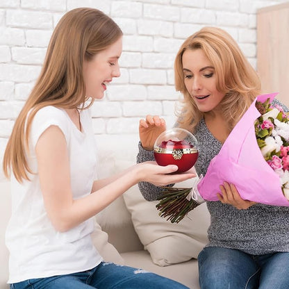 Rotating Preserved Real Rose Gift Box with I Love You Necklace – Spherical Eternal Flower Gifts for Mom, Wife, Grandma, Girlfriend – Forever Love Women Gifts for Christmas, Valentine’s Day (Red)