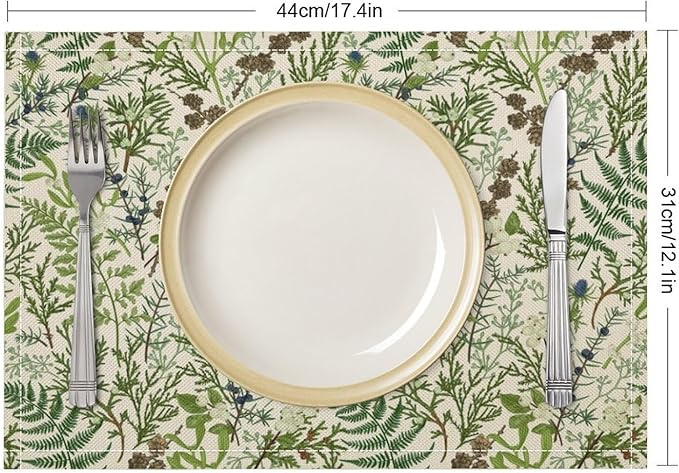 Retro Botanical Placemats Set of 6, 17x12 Inch Rustic Farmhouse Green Leaves Vintage Plants Aesthetic Table Mats for Home Party Kitchen Dining Decor