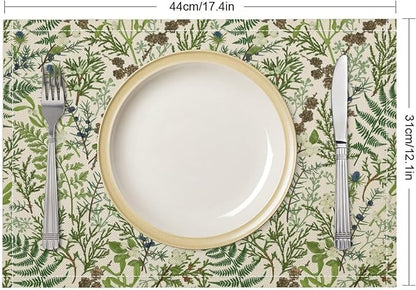 Retro Botanical Placemats Set of 8, 17x12 Inch Rustic Farmhouse Green Leaves Vintage Plants Aesthetic Table Mats for Home Party Kitchen Dining Decor