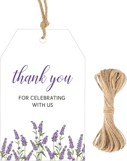 G2PLUS 50Pcs Lavender Thank You Tags - Floral Gift Tags with String, Thank You for Celebrating with Us Tag, White Paper Party Favors Hangtag for Wedding, Baby Shower, Bridal Shower, Birthday