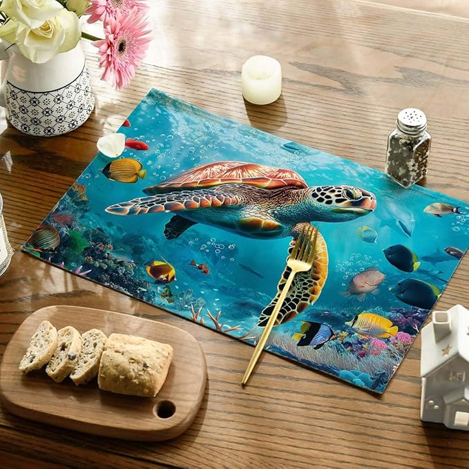 Placemats Set of 4 Sea Turtle and Fishes Dining Place Mats Linen Table Mat for Farmhouse Home Kitchen Decor 12 X 18 Inch