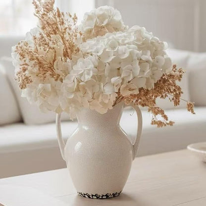 White Ceramic Rustic Vase with 2 Handles, Modern Farmhouse Round Flower Vase, Antique Decorative Vases for Home Decor, Wedding, Living Room, Shelf Decor - 8.3 Inch Tall, Ice Cracked White