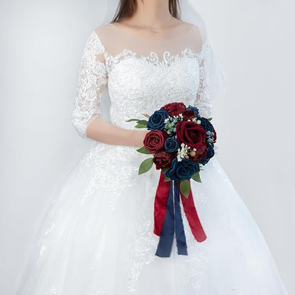ponatia Navy Blue Wedding Bouquets for Bride Bridesmaid, BurgundyWedding Artificial Roses Flowers for Wedding Bouquets Ceremony, Anniversary (Burgundy & Navy Blue)