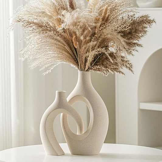 Snuggle Hollow Ceramic Vase Set of 2, Boho ins Style Round Nordic Mid Century Modern Aesthetic Decorative Vase for Home Decor (Cream W 6.8" X H 11")