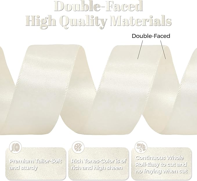 Antique White Satin Ribbon, Double Faced 1 Inch X 50 Yards Antique White Ribbon, Premium Satin Ribbon for Gift Wrapping, Crafts, Hair Bow Making, Sewing, Flower Bouquet, Wedding Party Decor