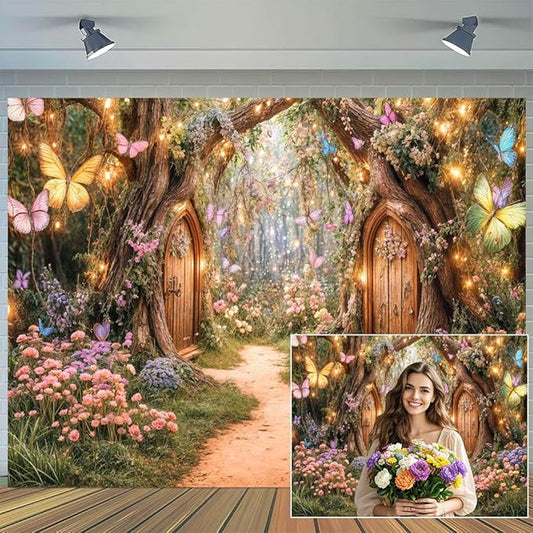 15X10ft Enchanted Forest Backdrop Fairy Tale Magic Garden Wonderland Floral Butterfly Photography Background for Kids Girls Baby Shower Birthday Party Decoration Cake Table Photo Booth Props