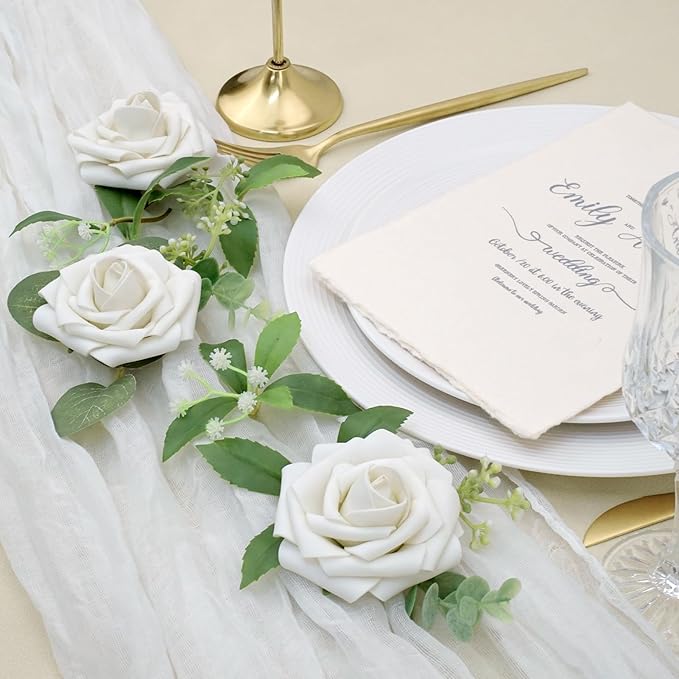 Artificial Flowers, 100pcs Artificial Rose for DIY Bouquets Arrangement, Sand White Rose Flowers Foam Fake with Stems for Wedding Shower Party Tables Home Decorations