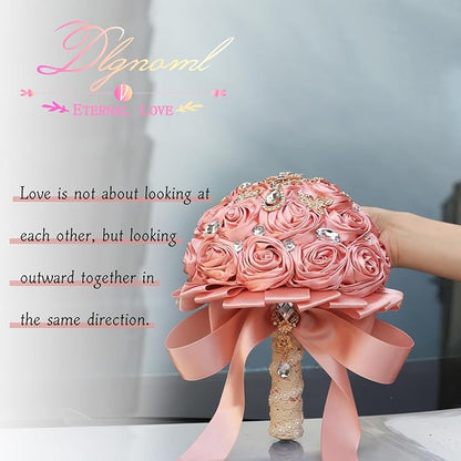 Artificial Everlasting Flower Hand Bouquet for Weddings and Photo Shoots, Crystal Peplum, Pink Rose Satin, Pearl Embellishments, Ribbon to Match, No Watering (Pink)
