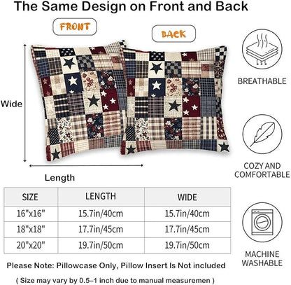 Printed Faux Patchwork Americana Throw Pillow Covers Set of 2 | Country Decorative Square Cushion Cases for Couch and Living Room | 18x18 Inches | Farmhouse Pillow Cases for Home Decor