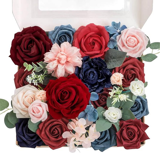 TINGE TIME Artificial Flowers Combo Mix Silk Flowers Pink Roses w/stem for DIY Wedding Bridal Bouquets Baby Shower Floral Arrangement Table Centerpieces Home Decorations (Red & Navy Blue & Pink)