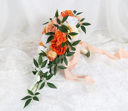 Wedding Bouquet,10 Inch Terracotta Bouquet Cascading Bridal Bouquets for Bride for Wedding Ceremony and Anniversary(Orange)